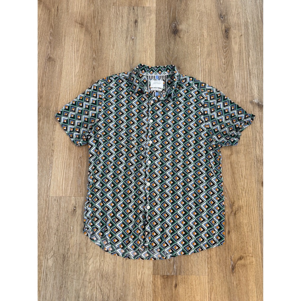 Cactus Man Boho Y2K Geometric Button Down Shirt Men M Green Short Sleeve Viscose